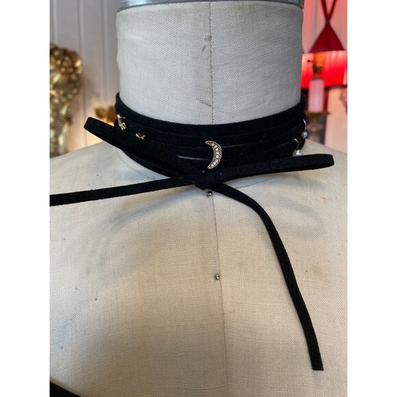 vintage y2k black celestial choker tie collar moon star pearls gothic style 90s - Picture 1 of 5
